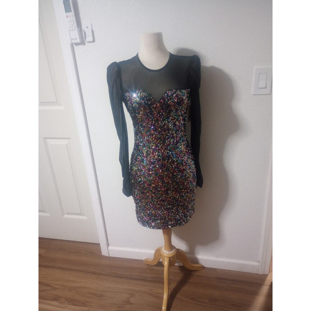 NWT So Goods For Life Womens Jr Multicolor Sequin Medium Mini Dress Long Sleeve